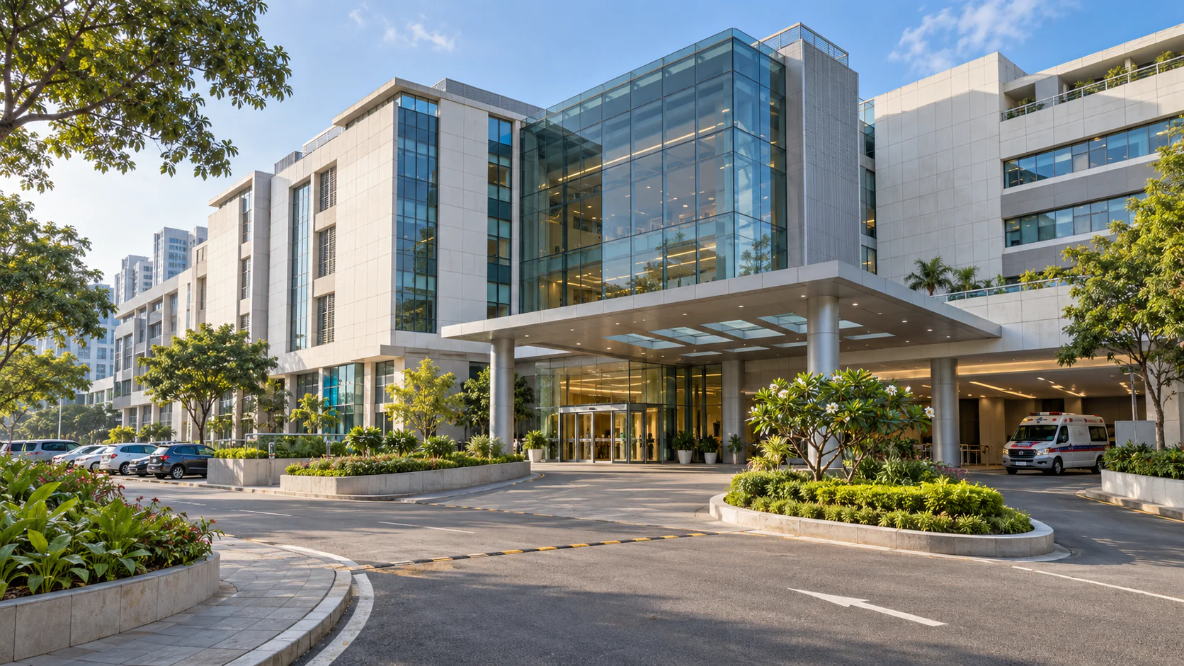 Photoreal modern hospital entrance with glass atrium, emergency bay and landscaped drop-off